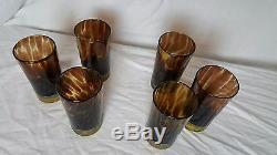 Vintage Set of 6 Murano Glass Highball with Brass Foot Tortoise Shell Unusual
