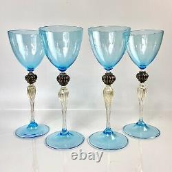 Vintage Venetian Murano Art Glass Goblets (4) Gold Fleck Stems Bright Blue 8.5