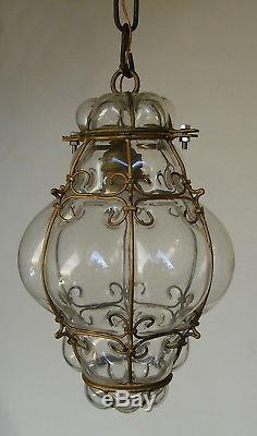 Vintage Venetian Murano Hand Blown Caged Glass Lantern Hanging Ceiling Light