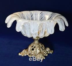 Vintage Venetian Murano White Hand Blown Art Glass Bowl Footed Dish Metal Base