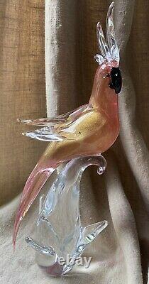 Vintage Venetian Pink Gold Fleck Murano Art Glass Parrot Cockatoo Bird, Italy LG