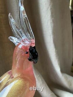 Vintage Venetian Pink Gold Fleck Murano Art Glass Parrot Cockatoo Bird, Italy LG