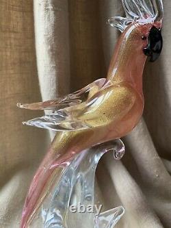 Vintage Venetian Pink Gold Fleck Murano Art Glass Parrot Cockatoo Bird, Italy LG