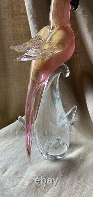 Vintage Venetian Pink Gold Fleck Murano Art Glass Parrot Cockatoo Bird, Italy LG