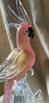 Vintage Venetian Pink Gold Fleck Murano Art Glass Parrot Cockatoo Bird, Italy LG