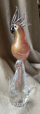 Vintage Venetian Pink Gold Fleck Murano Art Glass Parrot Cockatoo Bird, Italy LG