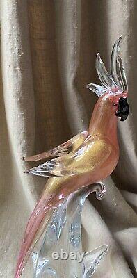 Vintage Venetian Pink Gold Fleck Murano Art Glass Parrot Cockatoo Bird, Italy LG