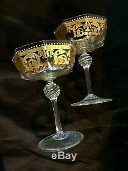 Vintage Venice Murano 2 Hand Blown Champagne Goblets Gold Decoration