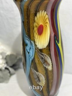 Vintage Vibrant Hand Blown Murano Millefiori Swirl Art Glass Vase 14.5 Nautical