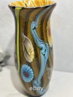 Vintage Vibrant Hand Blown Murano Millefiori Swirl Art Glass Vase 14.5 Nautical