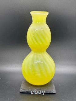 Vintage Yellow Blown Gourd Opalescent Yellow Swirl Art Glass Vase Italy Murano