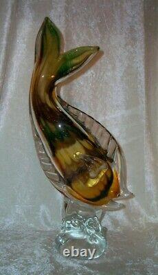 Vintage Yellow Green Brown Hand Blown Italian Murano Art Glass Sea Fish Figurine