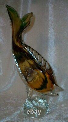 Vintage Yellow Green Brown Hand Blown Italian Murano Art Glass Sea Fish Figurine