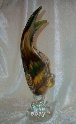 Vintage Yellow Green Brown Hand Blown Italian Murano Art Glass Sea Fish Figurine