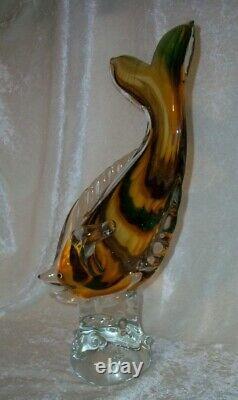 Vintage Yellow Green Brown Hand Blown Italian Murano Art Glass Sea Fish Figurine