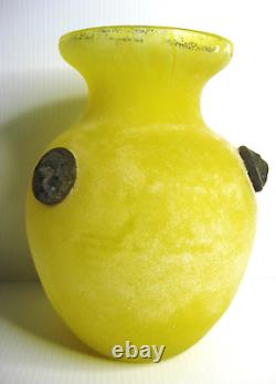 Vintage Yellow Murano Scavo Glass Vase with 3 Lion Heads Roman Style Hand-Blown