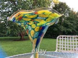 Vintage hand blown Art Glass colorful Czech tulip fluted vessel Murano style