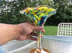 Vintage hand blown Art Glass colorful Czech tulip fluted vessel Murano style