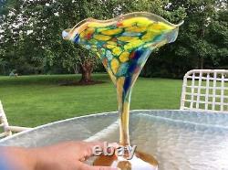 Vintage hand blown Art Glass colorful Czech tulip fluted vessel Murano style