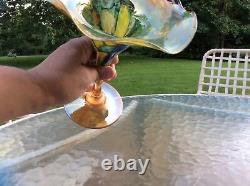 Vintage hand blown Art Glass colorful Czech tulip fluted vessel Murano style