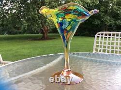 Vintage hand blown Art Glass colorful Czech tulip fluted vessel Murano style