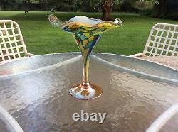 Vintage hand blown Art Glass colorful Czech tulip fluted vessel Murano style