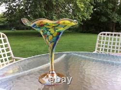 Vintage hand blown Art Glass colorful Czech tulip fluted vessel Murano style