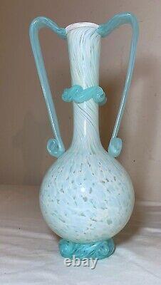 Vintage hand blown Italian Murano Venetian baby blue art glass vase with handle