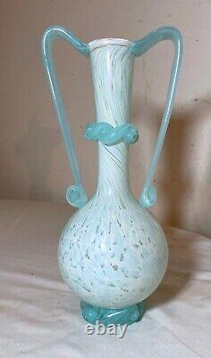 Vintage hand blown Italian Murano Venetian baby blue art glass vase with handle
