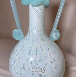 Vintage hand blown Italian Murano Venetian baby blue art glass vase with handle