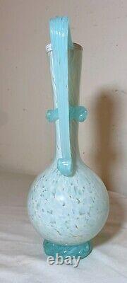 Vintage hand blown Italian Murano Venetian baby blue art glass vase with handle