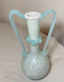 Vintage hand blown Italian Murano Venetian baby blue art glass vase with handle