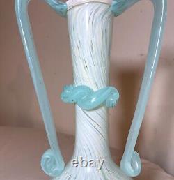 Vintage hand blown Italian Murano Venetian baby blue art glass vase with handle