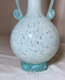 Vintage hand blown Italian Murano Venetian baby blue art glass vase with handle