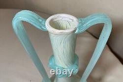 Vintage hand blown Italian Murano Venetian baby blue art glass vase with handle