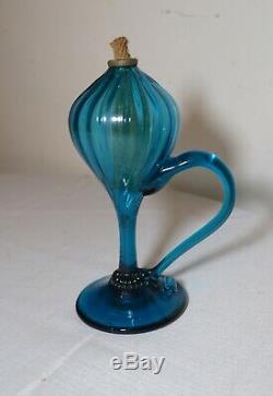 Vintage hand blown Italian Murano art glass blue green chamber oil lamp lantern