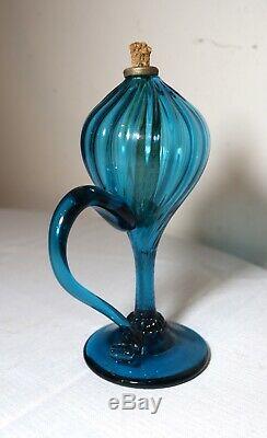 Vintage hand blown Italian Murano art glass blue green chamber oil lamp lantern