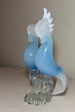 Vintage hand blown Italian Murano opaline glass cockatoo bird sculptures statue
