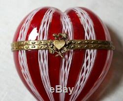 Vintage hand blown Murano Italian art glass ornate brass red heart box jar