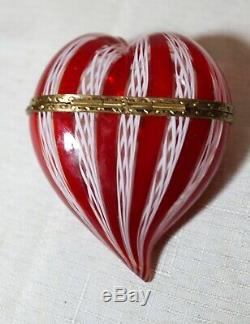 Vintage hand blown Murano Italian art glass ornate brass red heart box jar