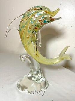 Vintage hand blown Murano Italian art studio glass dolphin sculpture statue gold