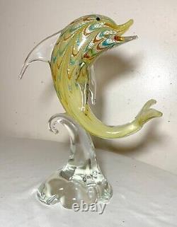 Vintage hand blown Murano Italian art studio glass dolphin sculpture statue gold