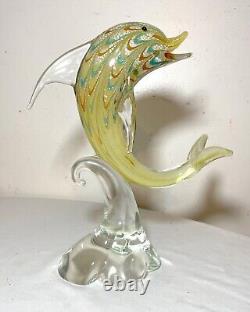 Vintage hand blown Murano Italian art studio glass dolphin sculpture statue gold