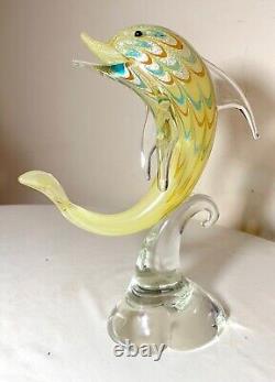Vintage hand blown Murano Italian art studio glass dolphin sculpture statue gold