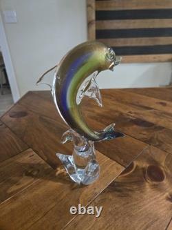 Vintage hand blown Murano Italian art studio glass dolphin sculpture statue gold