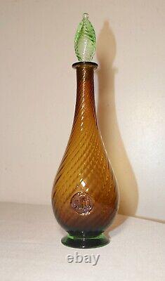 Vintage hand blown Murano Italian green amber swirled ribbed art glass decanter