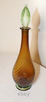 Vintage hand blown Murano Italian green amber swirled ribbed art glass decanter