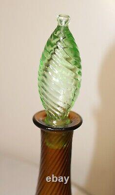 Vintage hand blown Murano Italian green amber swirled ribbed art glass decanter