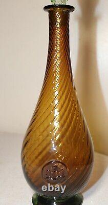 Vintage hand blown Murano Italian green amber swirled ribbed art glass decanter