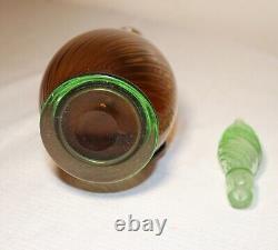 Vintage hand blown Murano Italian green amber swirled ribbed art glass decanter